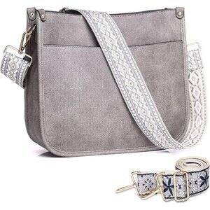 Women’s Silver Gray Leather Purse Zipped Pockets Crossbody Bag and Shoulder Bag